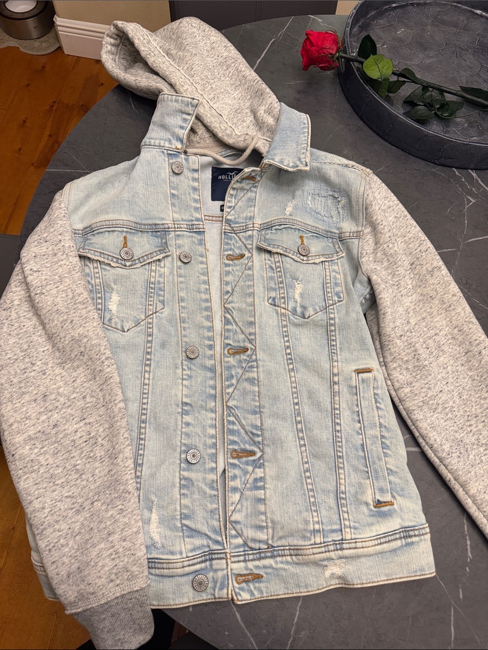 Hollister Light Blue Denim Jacket with Gray Hoodie Sleeves